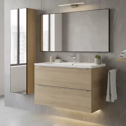 GoodHome Meuble vasque suspendu effet chêne l.100 cm Imandra + plan vasque blanc céramique Nira,