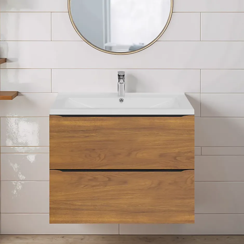 GoodHome Meuble vasque suspendu effet noyer l.80 cm Imandra + plan vasque blanc céramique Nira,