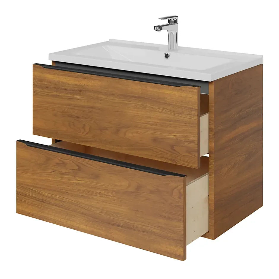 GoodHome Meuble vasque suspendu effet noyer l.80 cm Imandra + plan vasque blanc céramique Nira,