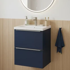GoodHome Meuble vasque suspendu faible profondeur bleu nuit mat l.50 cm Imandra + plan vasque blanc céramique Nira,* Meuble Vasque|Meuble De Salle De Bains Faible Profondeur
