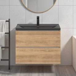 GoodHome Meuble vasque suspendu faible profondeur effet chêne l.80 cm Imandra + plan vasque noir céramique Nira,