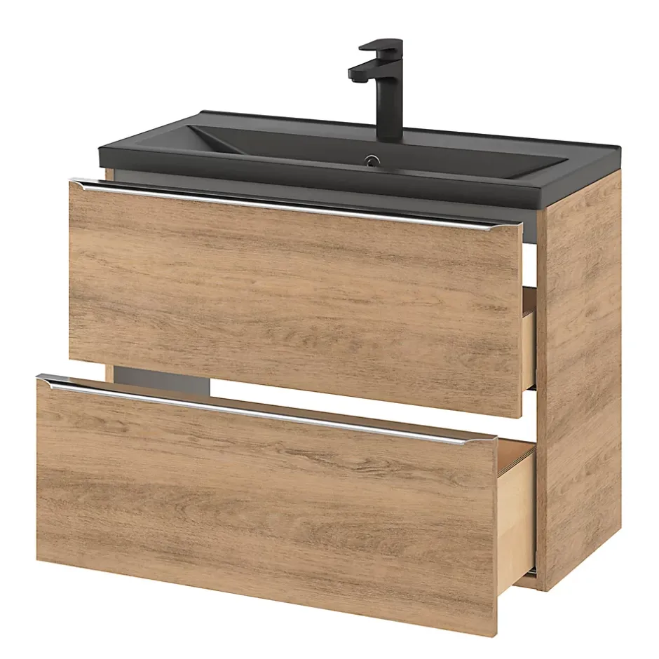 GoodHome Meuble vasque suspendu faible profondeur effet chêne l.80 cm Imandra + plan vasque noir céramique Nira,