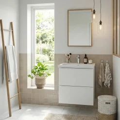GoodHome Meuble vasque suspendu faible profondeur blanc mat l.50 cm Imandra + plan vasque blanc Nira,* Meuble De Salle De Bains Faible Profondeur|Meuble Vasque