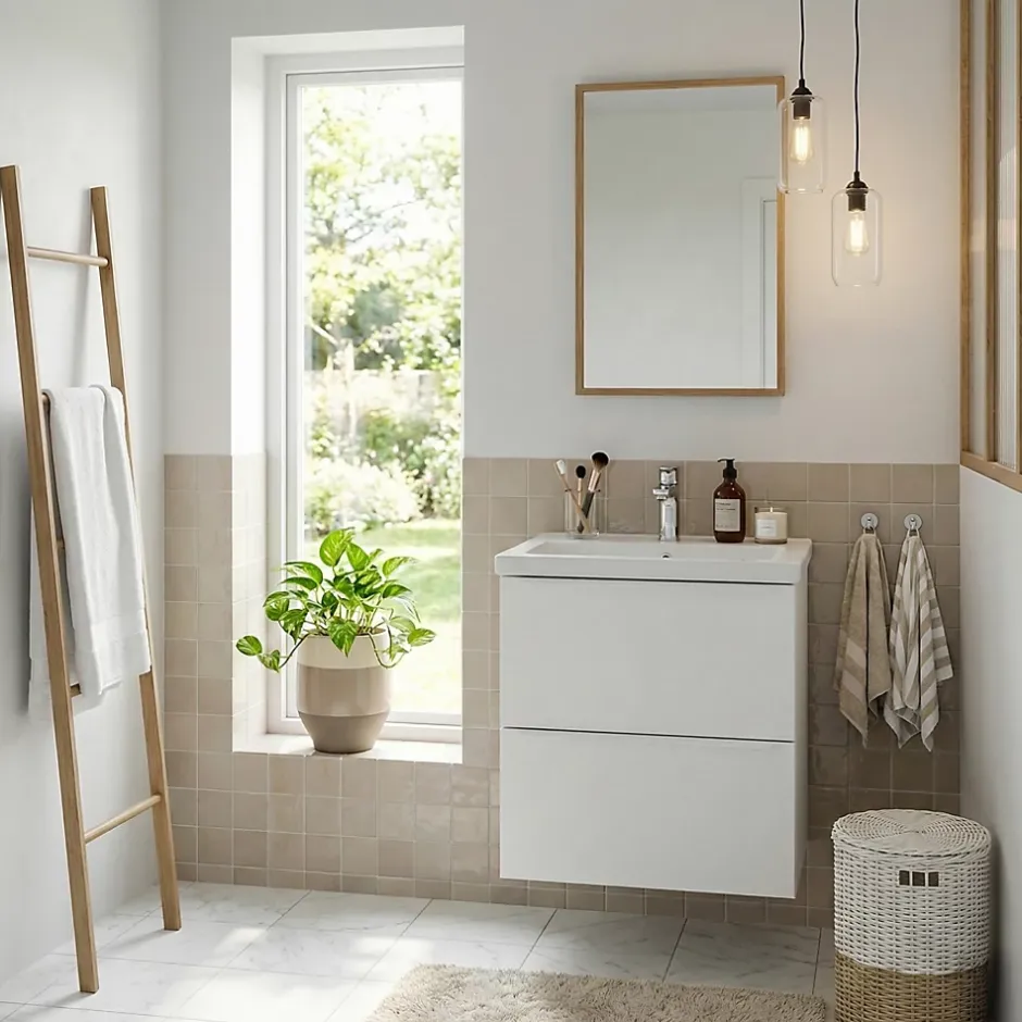 GoodHome Meuble vasque suspendu faible profondeur blanc mat l.50 cm Imandra + plan vasque blanc Nira,* Meuble De Salle De Bains Faible Profondeur|Meuble Vasque