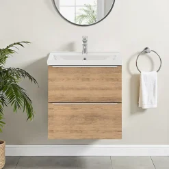 GoodHome Meuble vasque suspendu faible profondeur effet chêne l.60 cm Imandra + plan vasque blanc céramique Nira,* Meuble De Salle De Bains Faible Profondeur|Meuble Vasque