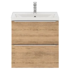 GoodHome Meuble vasque suspendu faible profondeur effet chêne l.60 cm Imandra + plan vasque blanc céramique Nira,* Meuble De Salle De Bains Faible Profondeur|Meuble Vasque