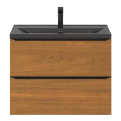 GoodHome Meuble vasque suspendu faible profondeur effet noyer l.80 cm Imandra + plan vasque noir céramique, Nira* Meuble De Salle De Bains Faible Profondeur