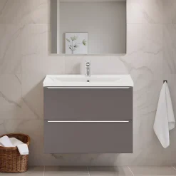 GoodHome Meuble vasque suspendu faible profondeur gris taupe brillant l.80 cm Imandra + plan vasque blanc céramique Nira,