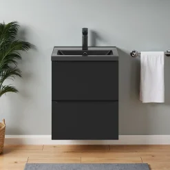 GoodHome Meuble vasque suspendu faible profondeur noir mat l.50 cm Imandra + plan vasque noir céramique Nira,* Meuble De Salle De Bains Faible Profondeur|Meuble Vasque
