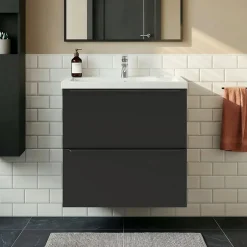 GoodHome Meuble vasque suspendu faible profondeur noir mat l.60 cm Imandra + plan vasque blanc céramique Nira,