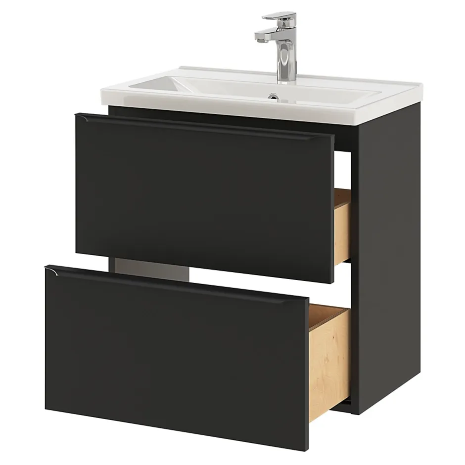 GoodHome Meuble vasque suspendu faible profondeur noir mat l.60 cm Imandra + plan vasque blanc céramique Nira,