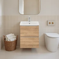GoodHome Meuble vasque suspendu faible profondeur effet chêne l.50 cm Imandra + plan vasque blanc céramique Nira,* Meuble Vasque|Meuble De Salle De Bains Faible Profondeur