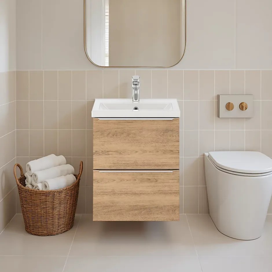 GoodHome Meuble vasque suspendu faible profondeur effet chêne l.50 cm Imandra + plan vasque blanc céramique Nira,* Meuble Vasque|Meuble De Salle De Bains Faible Profondeur