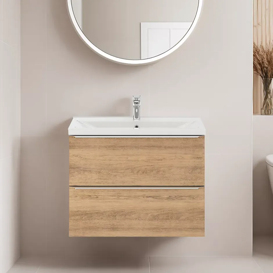 GoodHome Meuble vasque suspendu faible profondeur effet chêne l.80 cm Imandra + plan vasque blanc céramique Nira,