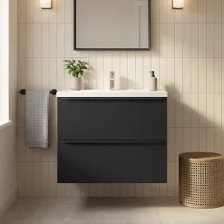 GoodHome Meuble vasque suspendu faible profondeur noir mat l.80 cm Imandra + plan vasque blanc céramique Nira,* Meuble De Salle De Bains Faible Profondeur|Meuble Vasque