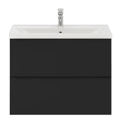 GoodHome Meuble vasque suspendu faible profondeur noir mat l.80 cm Imandra + plan vasque blanc céramique Nira,* Meuble De Salle De Bains Faible Profondeur|Meuble Vasque