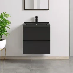 GoodHome Meuble vasque suspendu faible profondeur noir mat l.60 cm Imandra + plan vasque noir céramique Nira,