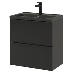 GoodHome Meuble vasque suspendu faible profondeur noir mat l.60 cm Imandra + plan vasque noir céramique Nira,
