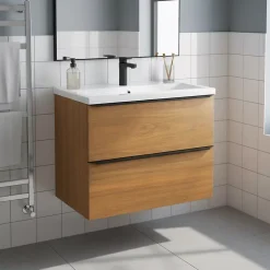 GoodHome Meuble vasque suspendu faible profondeur effet noyer l.80 cm Imandra + plan vasque blanc céramique Nira,* Meuble Vasque|Meuble De Salle De Bains Faible Profondeur