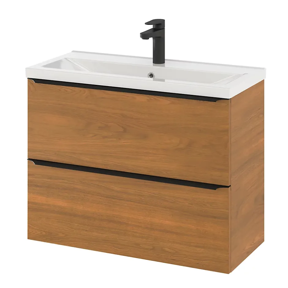 GoodHome Meuble vasque suspendu faible profondeur effet noyer l.80 cm Imandra + plan vasque blanc céramique Nira,* Meuble Vasque|Meuble De Salle De Bains Faible Profondeur