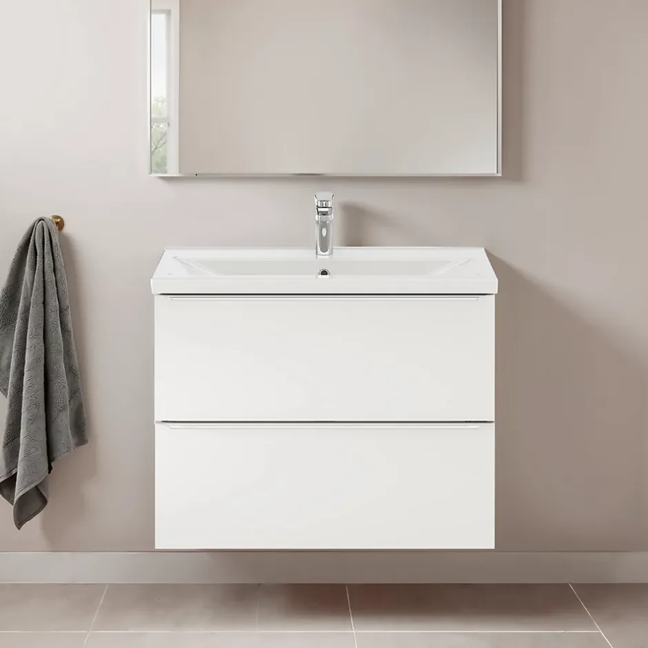 GoodHome Meuble vasque suspendu faible profondeur blanc brillant l.80 cm Imandra + plan vasque blanc céramique Nira,