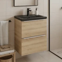 GoodHome Meuble vasque suspendu faible profondeur effet chêne l.50 cm Imandra + plan vasque noir céramique Nira,* Meuble De Salle De Bains Faible Profondeur|Meuble Vasque