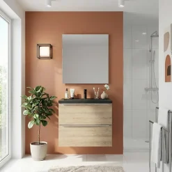 GoodHome Meuble vasque suspendu faible profondeur effet chêne l.60 cm Imandra + plan vasque noir céramique Nira,