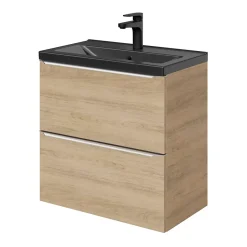 GoodHome Meuble vasque suspendu faible profondeur effet chêne l.60 cm Imandra + plan vasque noir céramique Nira,