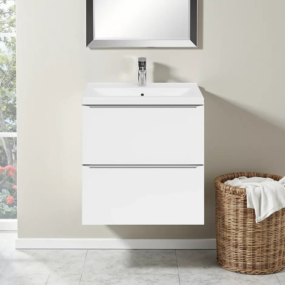 GoodHome Meuble vasque suspendu faible profondeur blanc brillant l.60 cm Imandra + plan vasque blanc céramique Nira,