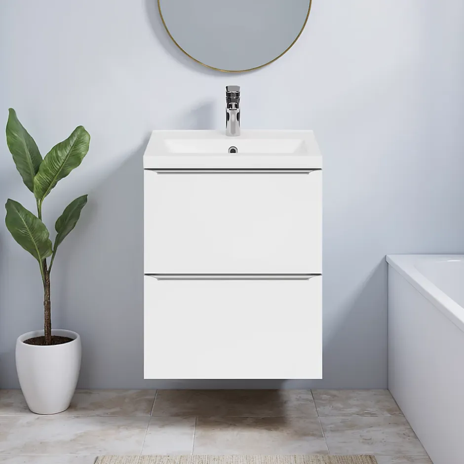 GoodHome Meuble vasque suspendu faible profondeur blanc brillant l.50 cm Imandra + plan vasque blanc céramique Nira,* Meuble De Salle De Bains Faible Profondeur|Meuble Vasque