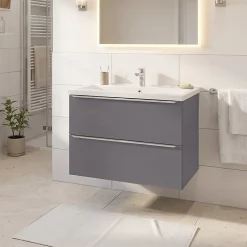 GoodHome Meuble vasque suspendu faible profondeur gris brillant l.80 cm Imandra + plan vasque blanc céramique Nira,* Meuble Vasque|Meuble De Salle De Bains Faible Profondeur