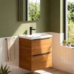 GoodHome Meuble vasque suspendu faible profondeur effet noyer l.50 cm Imandra + plan vasque blanc céramique Nira,* Meuble Vasque|Meuble De Salle De Bains Faible Profondeur