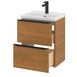 GoodHome Meuble vasque suspendu faible profondeur effet noyer l.50 cm Imandra + plan vasque blanc céramique Nira,* Meuble Vasque|Meuble De Salle De Bains Faible Profondeur