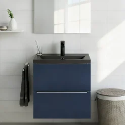 GoodHome Meuble vasque suspendu faible profondeur bleu nuit mat l.60 cm Imandra + plan vasque noir céramique Nira,