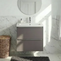 GoodHome Meuble vasque suspendu faible profondeur gris taupe brillant l.60 cm Imandra + plan vasque blanc céramique Nira,* Meuble De Salle De Bains Faible Profondeur