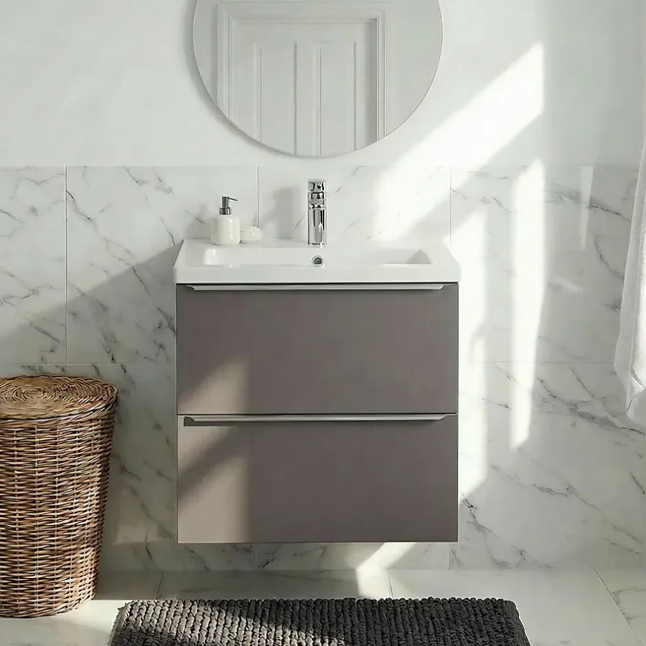 GoodHome Meuble vasque suspendu faible profondeur gris taupe brillant l.60 cm Imandra + plan vasque blanc céramique Nira,* Meuble De Salle De Bains Faible Profondeur