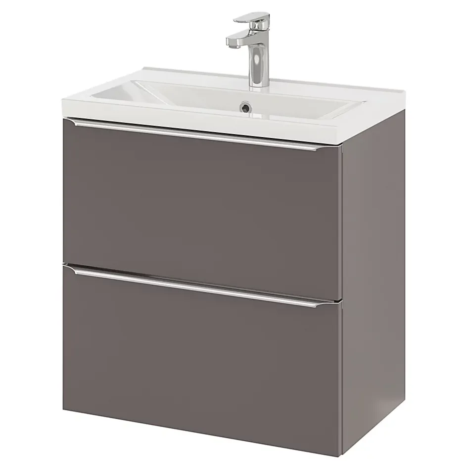 GoodHome Meuble vasque suspendu faible profondeur gris taupe brillant l.60 cm Imandra + plan vasque blanc céramique Nira,* Meuble De Salle De Bains Faible Profondeur