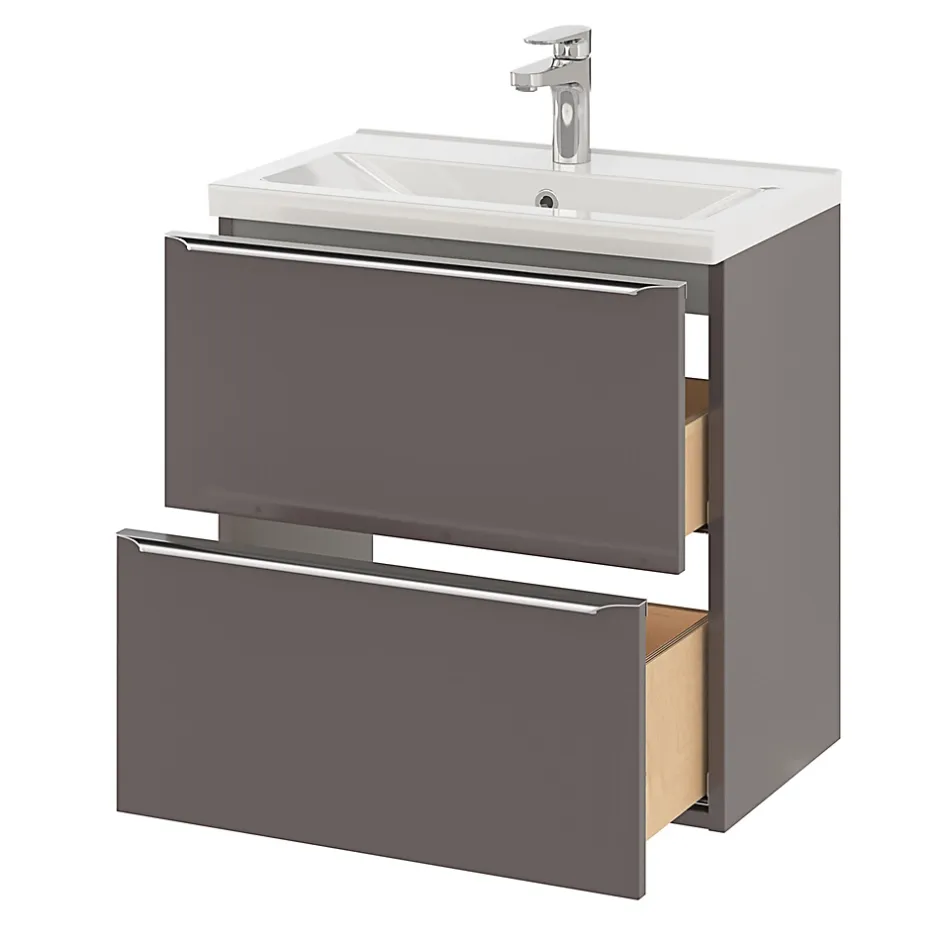 GoodHome Meuble vasque suspendu faible profondeur gris taupe brillant l.60 cm Imandra + plan vasque blanc céramique Nira,* Meuble De Salle De Bains Faible Profondeur