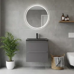 GoodHome Meuble vasque suspendu faible profondeur gris brillant l.60 cm Imandra + plan vasque noir céramique Nira,* Meuble De Salle De Bains Faible Profondeur