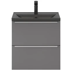 GoodHome Meuble vasque suspendu faible profondeur gris brillant l.60 cm Imandra + plan vasque noir céramique Nira,* Meuble De Salle De Bains Faible Profondeur