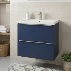GoodHome Meuble vasque suspendu faible profondeur bleu nuit mat l.60 cm Imandra + plan vasque blanc céramique, Nira* Meuble De Salle De Bains Faible Profondeur|Meuble Vasque