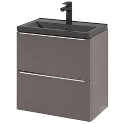 GoodHome Meuble vasque suspendu faible profondeur gris taupe brillant l.60 cm Imandra + plan vasque noir céramique Nira,* Meuble De Salle De Bains Faible Profondeur