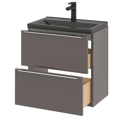GoodHome Meuble vasque suspendu faible profondeur gris taupe brillant l.60 cm Imandra + plan vasque noir céramique Nira,* Meuble De Salle De Bains Faible Profondeur
