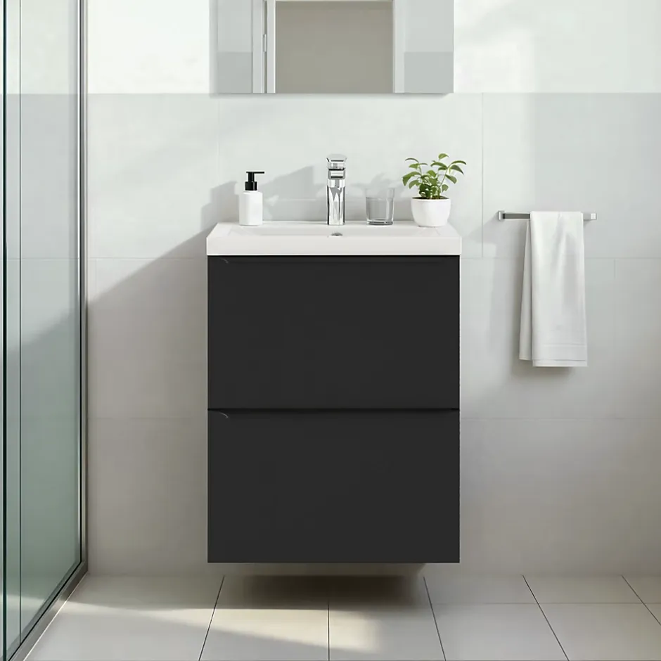 GoodHome Meuble vasque suspendu faible profondeur noir mat l.50 cm Imandra + plan vasque blanc céramique Nira,