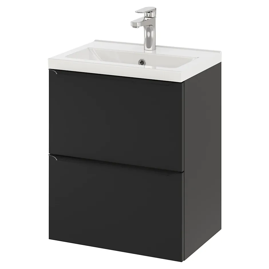 GoodHome Meuble vasque suspendu faible profondeur noir mat l.50 cm Imandra + plan vasque blanc céramique Nira,