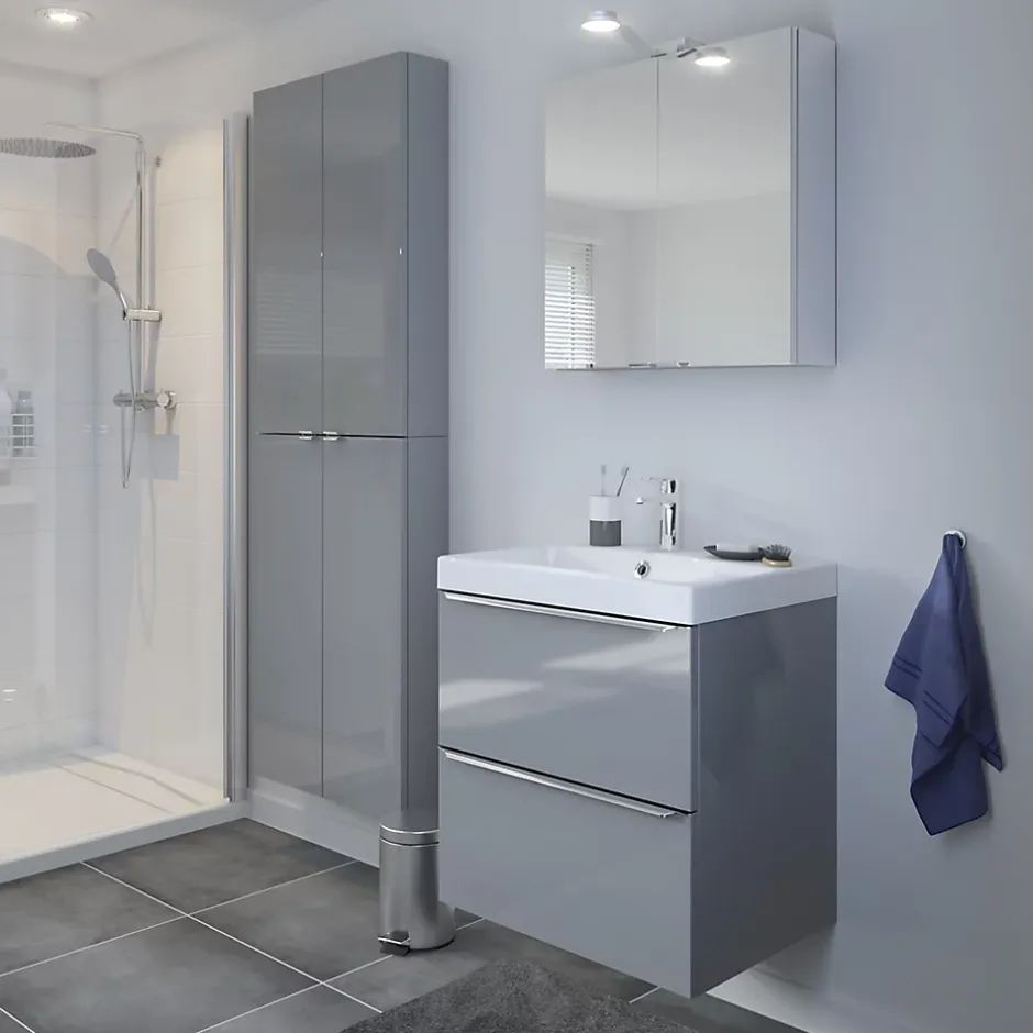 GoodHome Meuble vasque suspendu gris brillant l.60 cm Imandra + plan vasque blanc céramique Nira,* Meuble Vasque