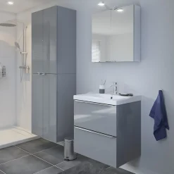 GoodHome Meuble vasque suspendu gris brillant l.60 cm + plan vasque blanc céramique Lana,* Meuble Vasque