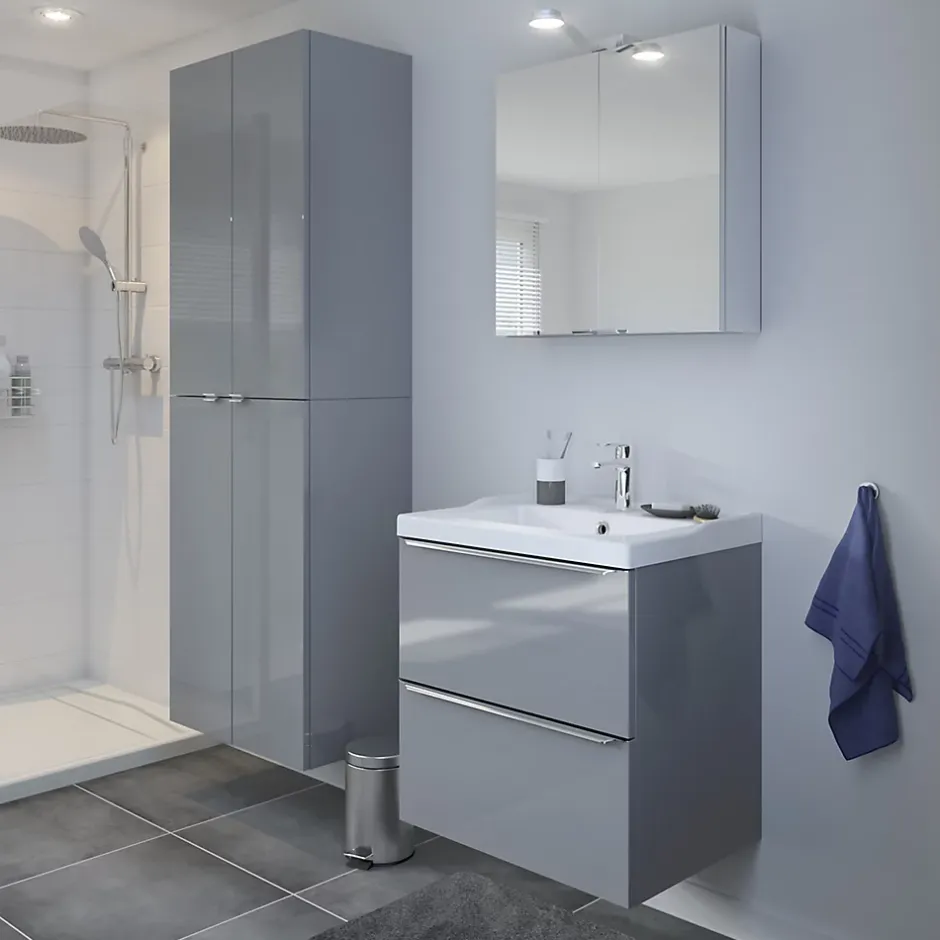 GoodHome Meuble vasque suspendu gris brillant l.60 cm + plan vasque blanc céramique Lana,* Meuble Vasque