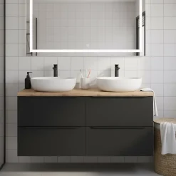 GoodHome Meuble vasque suspendu noir mat l.120 cm Imandra + plan de toilette chêne Hartland,