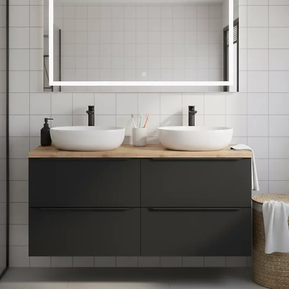 GoodHome Meuble vasque suspendu noir mat l.120 cm Imandra + plan de toilette chêne Hartland,
